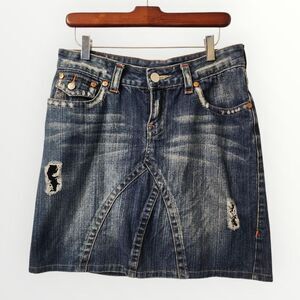 TRUE RELIGION Y2K Joey Mini Denim Skirt Distressed Women’s Made in USA Size 30
